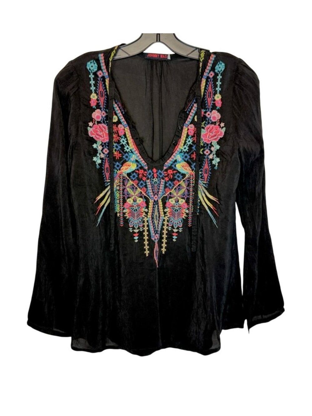 Johnny Was Black Floral Embroidered Blouse 100% Cupro Rayon Boho Flowy Top - Siz